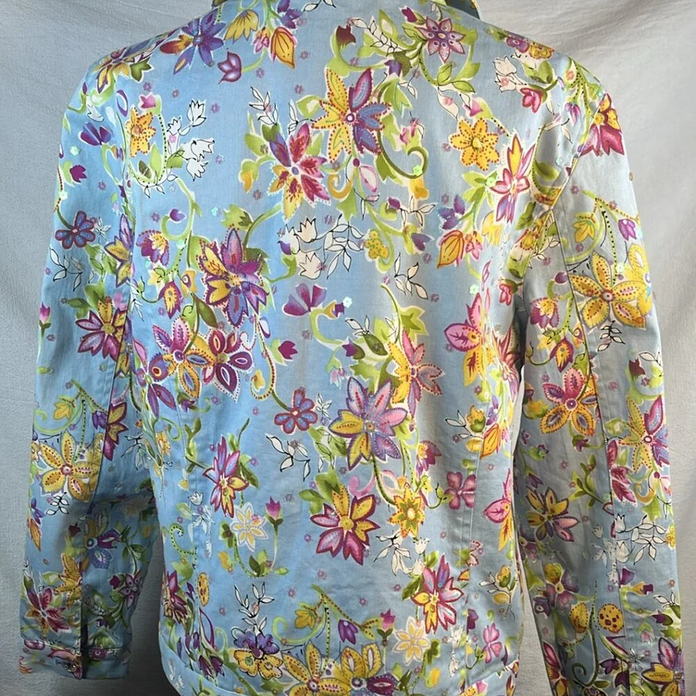 REDD Jeans Jacket Women's Sz 8 Blue Floral Iridescent Sequins Y2K Vtg Colorful A